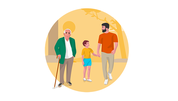 illustration of 3 generations out for a walk 0 grandfather, father and young son
